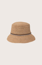 Back view of the natural straw Dewy hat featuring an elegant brown ribbon