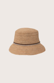Back view of the natural straw Dewy hat featuring an elegant brown ribbon