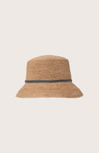 Back view of the natural straw Dewy hat featuring an elegant grey ribbon