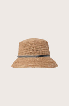 Back view of the natural straw Dewy hat featuring an elegant grey ribbon