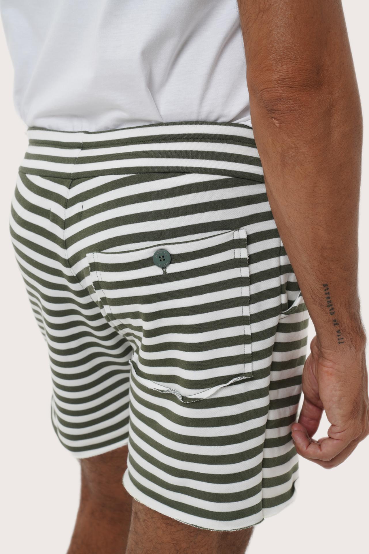 Side view of the Esco Bermuda Shorts in Stripe Green with waistband and pocket detail by By The Sea Bali