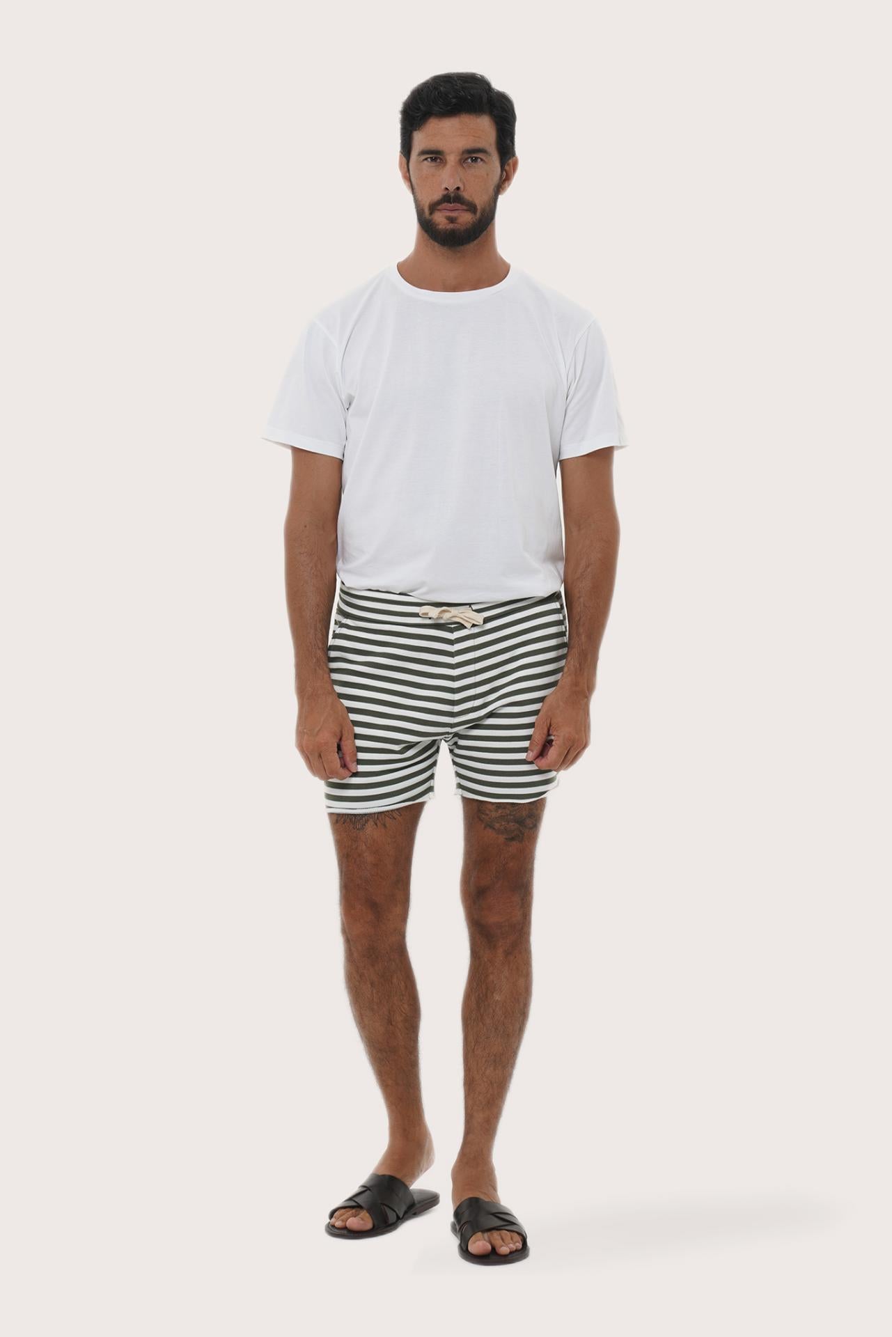 By The Sea Bali Esco Bermuda Shorts in Stripe Green — tailored striped shorts for easy summer days