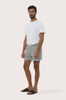 Front view of the Esco Bermuda Shorts in Stripe Green by By The Sea Bali