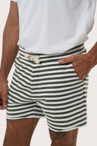 Close-up of the green stripe pattern on the Esco Bermuda Shorts by By The Sea Bali