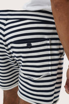 Men's resortwear styling featuring the Esco Bermuda Shorts in Stripe Navy by By The Sea Bali