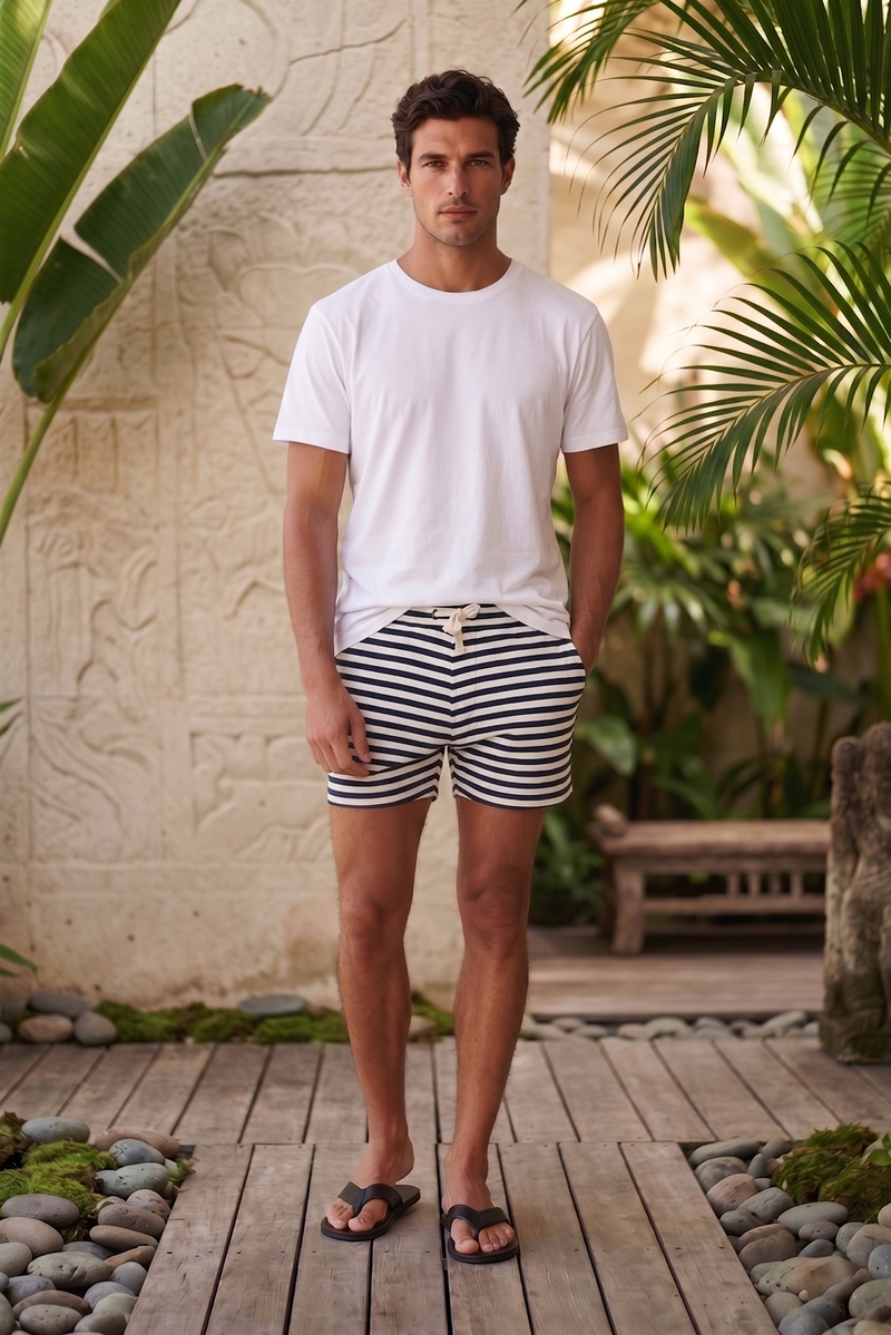 By The Sea Bali Esco Bermuda Shorts in Stripe Navy — tailored striped shorts for easy summer days