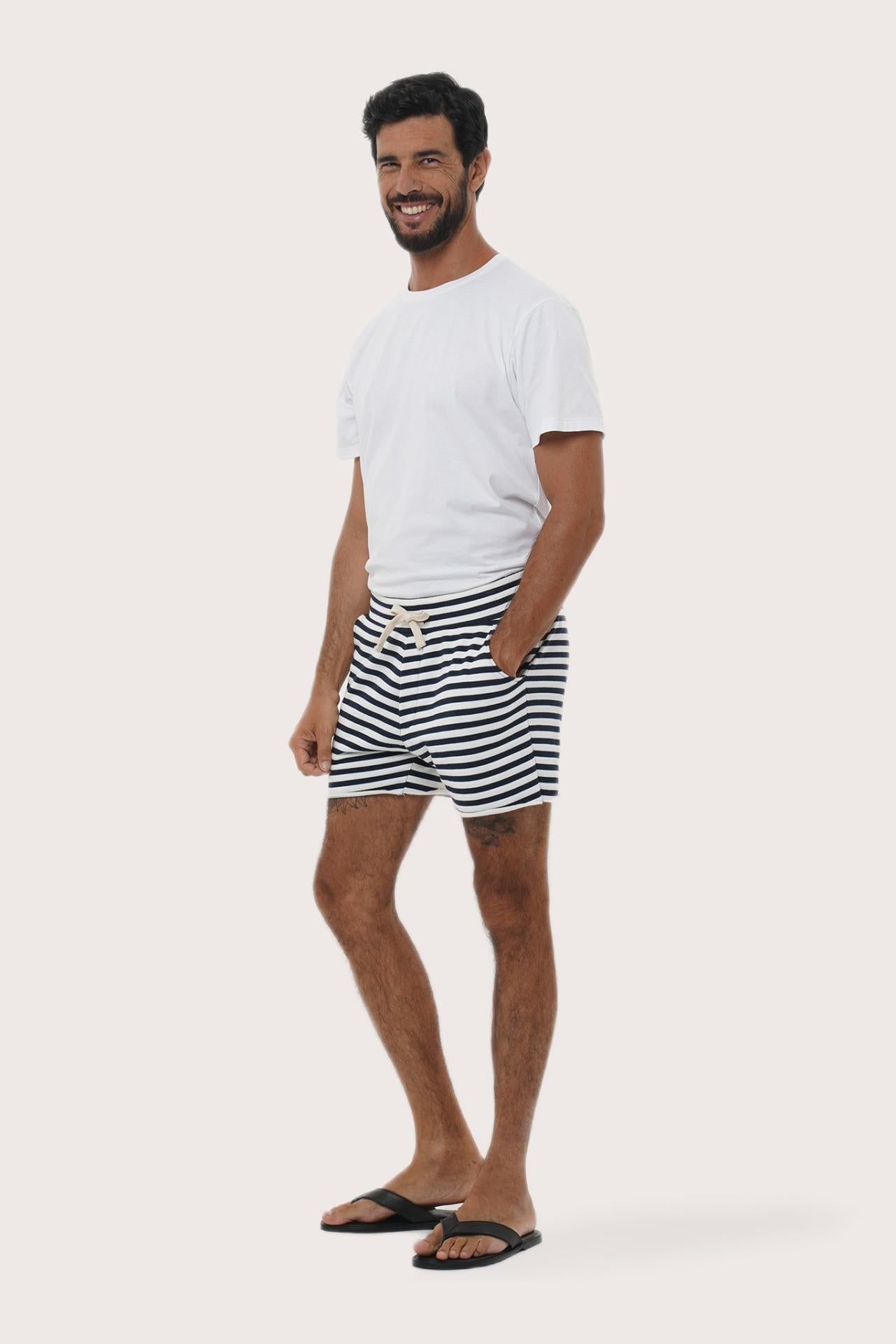Front view of the Esco Bermuda Shorts in Stripe Navy by By The Sea Bali