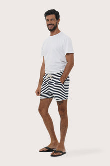 Front view of the Esco Bermuda Shorts in Stripe Navy by By The Sea Bali