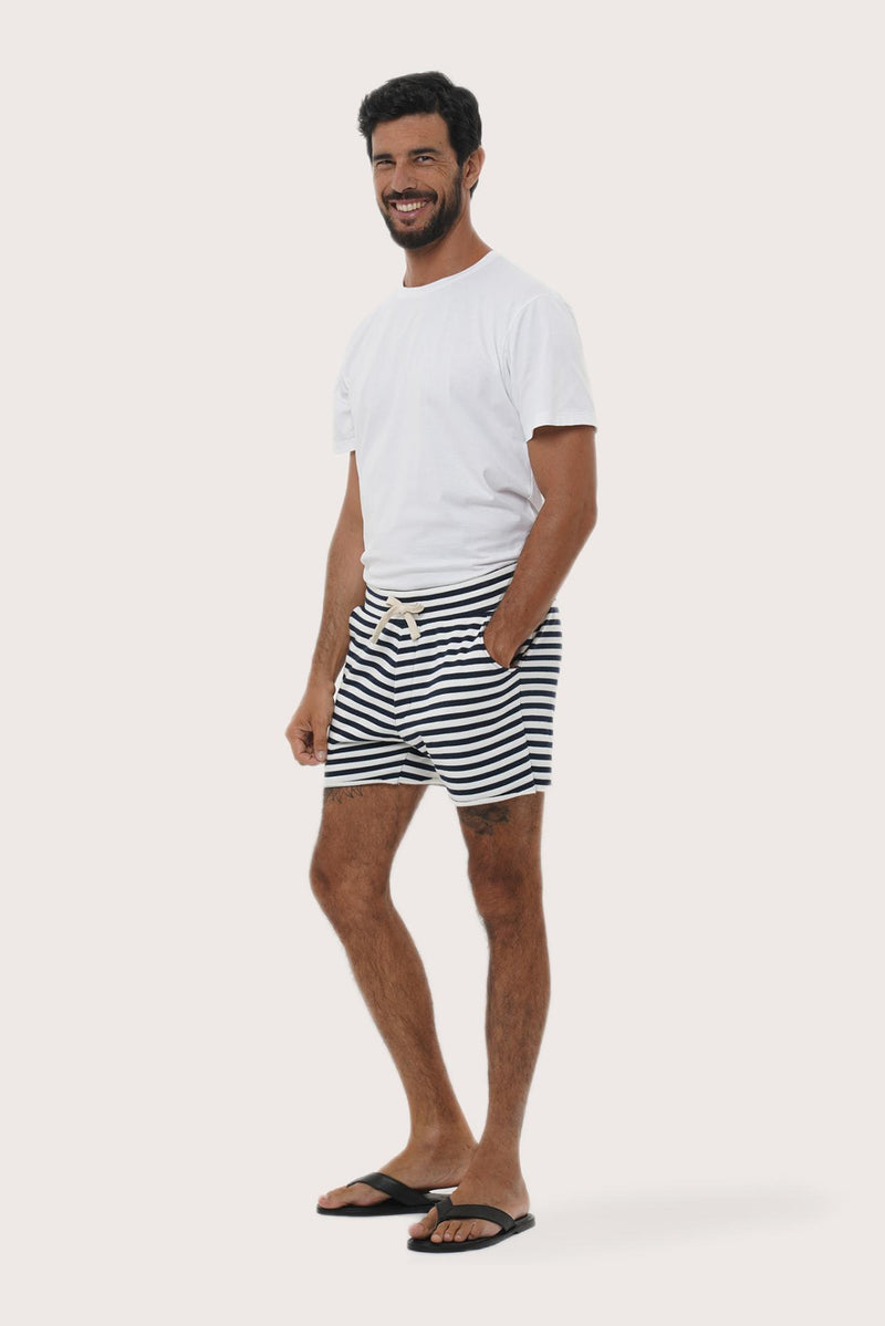 Front view of the Esco Bermuda Shorts in Stripe Navy by By The Sea Bali