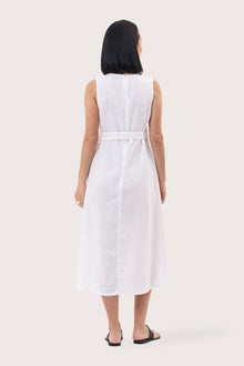 Back view of the Eva Linen Midi Dress White highlighting the garment shape and drape