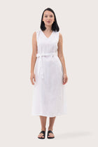 Front view of the Eva Linen Midi Dress White showcasing its silhouette and relaxed fit