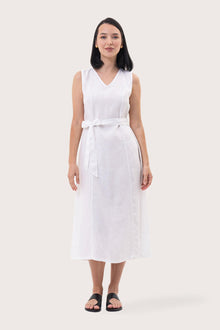 Front view of the Eva Linen Midi Dress White showcasing its silhouette and relaxed fit