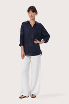 By The Sea Bali Faye Linen Shirt Navy with a relaxed and refined silhouette styled for effortless resort dressing