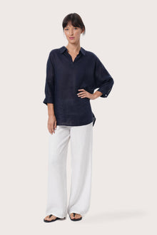 By The Sea Bali Faye Linen Shirt Navy with a relaxed and refined silhouette styled for effortless resort dressing