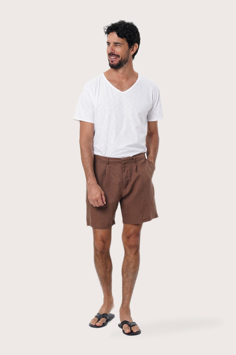 By The Sea Bali Gaara Linen Bermuda in Brown — tailored 100% linen shorts for easy warm-weather days