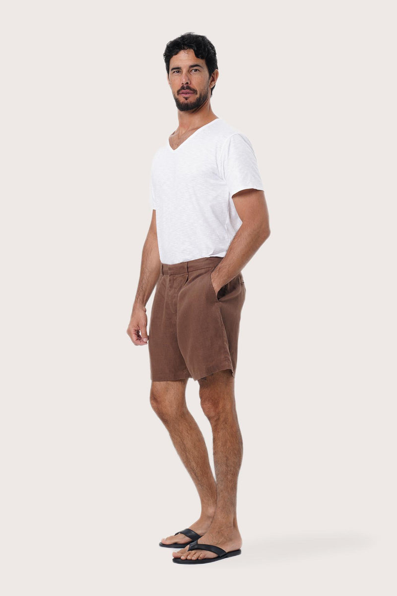 Front view of the Gaara Linen Bermuda in Brown by By The Sea Bali