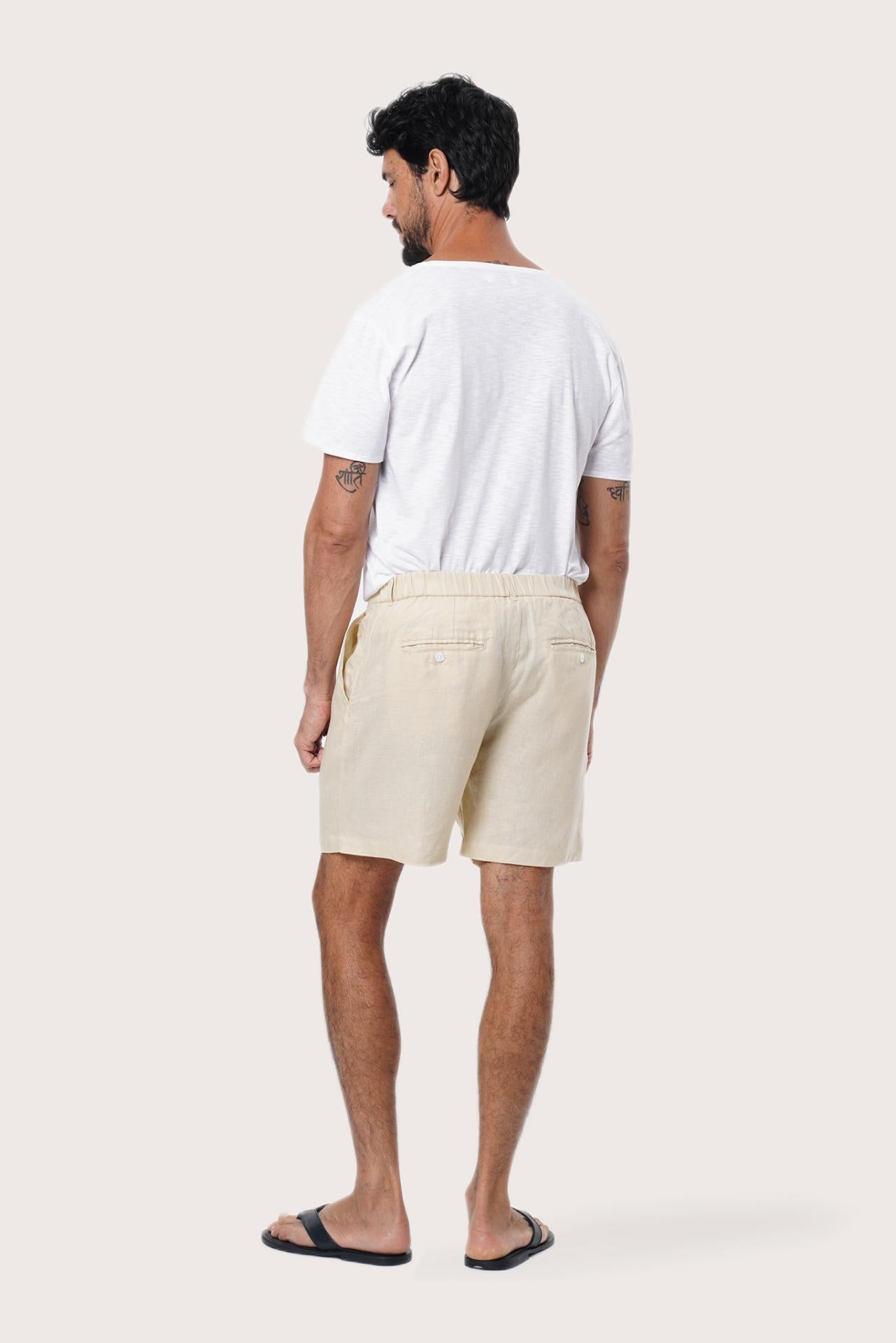 Pure linen weave detail of the Cream Gaara Bermuda showcasing its natural texture by By The Sea Bali