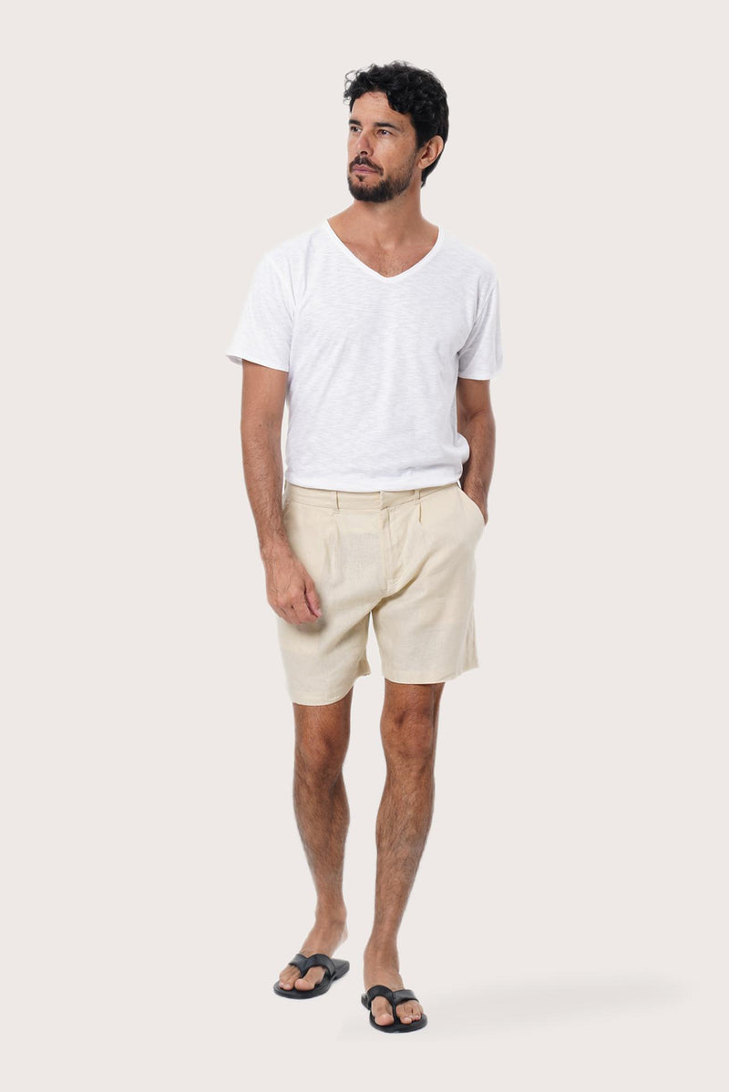 By The Sea Bali Gaara Linen Bermuda in Cream — tailored 100% linen shorts for easy warm-weather days