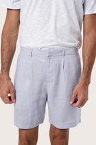 Side view of the Gaara Linen Bermuda in Light Blue highlighting the tailored fit by By The Sea Bali