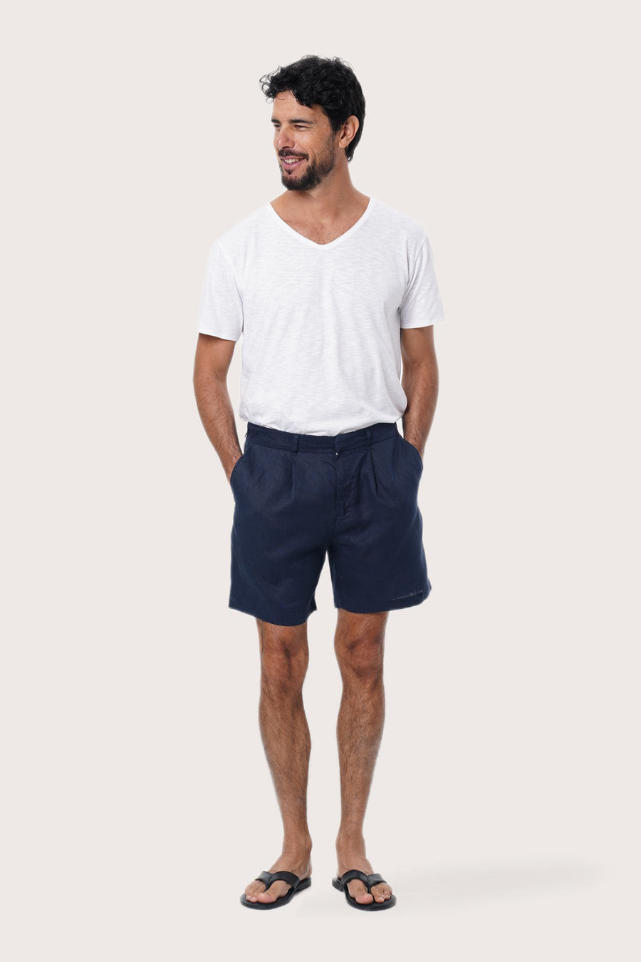 By The Sea Bali Gaara Linen Bermuda in Navy — tailored 100% linen shorts for easy warm-weather days