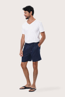 Front view of the Gaara Linen Bermuda in Navy by By The Sea Bali