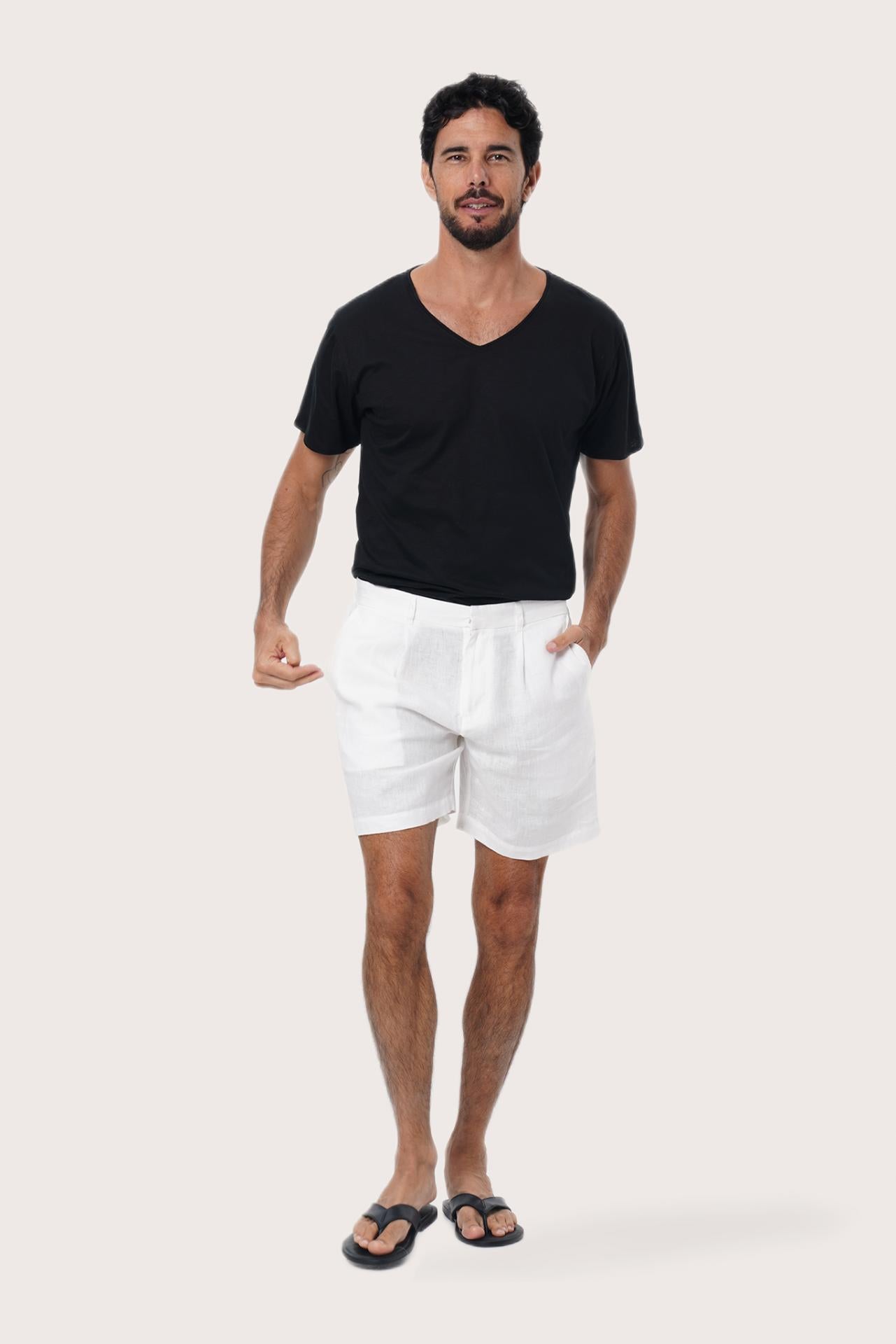 By The Sea Bali Gaara Linen Bermuda in Off White — tailored 100% linen shorts for easy warm-weather days