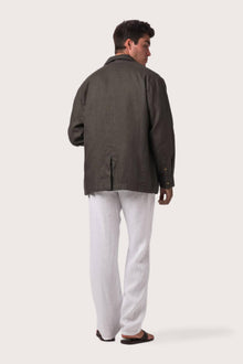 Back view of the grey choco linen jacket with a relaxed and contemporary silhouette