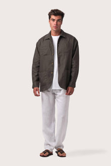 Model wearing the grey choco linen Gaung jacket by By The Sea Bali