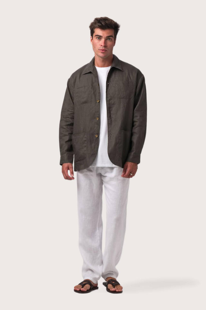 Model wearing the grey choco linen Gaung jacket by By The Sea Bali