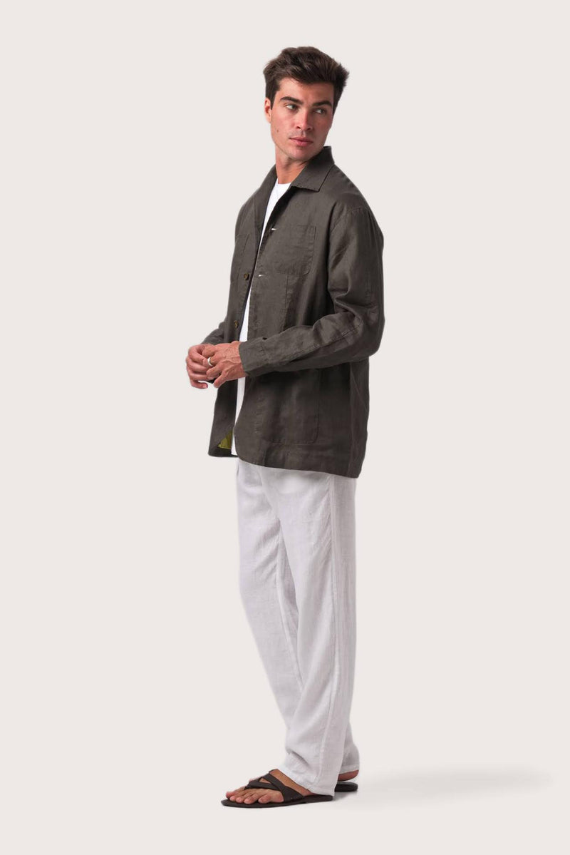Side profile of the grey choco linen jacket showcasing its comfortable fit and effortless drape