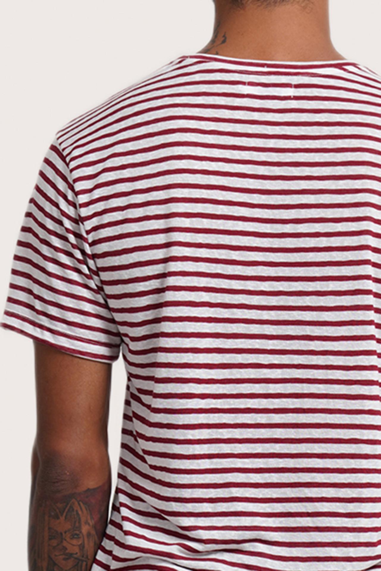 Back detail of the Geva T-shirt Stripe in Maroon by By The Sea Bali – premium stitching and artisan quality