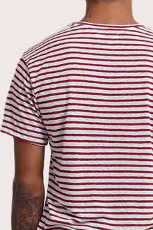 Back detail of the Geva T-shirt Stripe in Maroon by By The Sea Bali – premium stitching and artisan quality