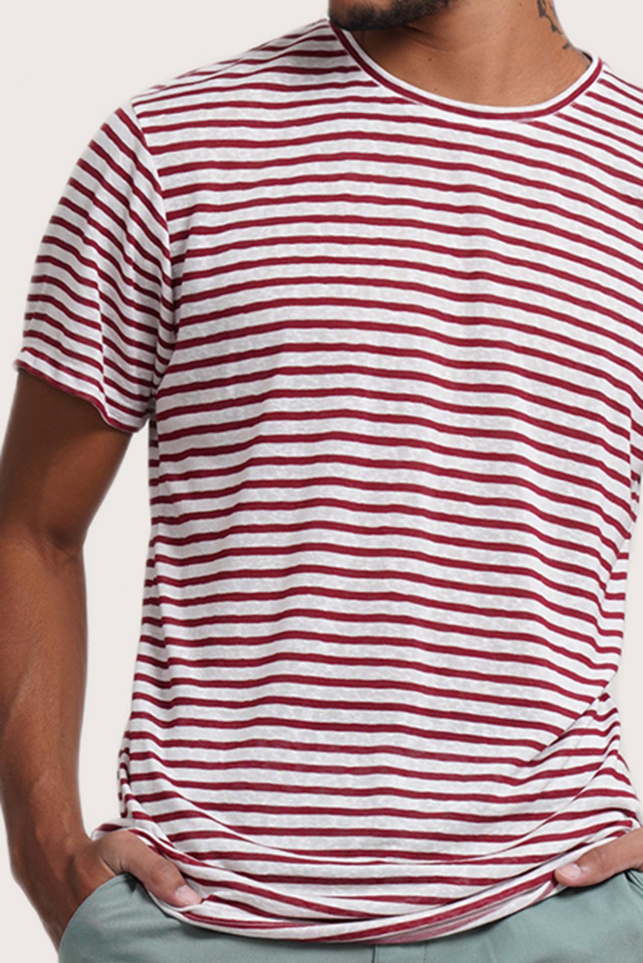 Close-up of the Geva T-shirt Stripe in Maroon by By The Sea Bali – exceptional fabric quality and texture