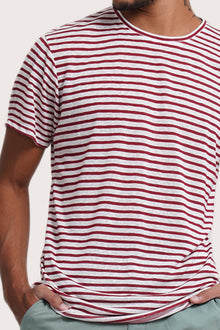 Close-up of the Geva T-shirt Stripe in Maroon by By The Sea Bali – exceptional fabric quality and texture