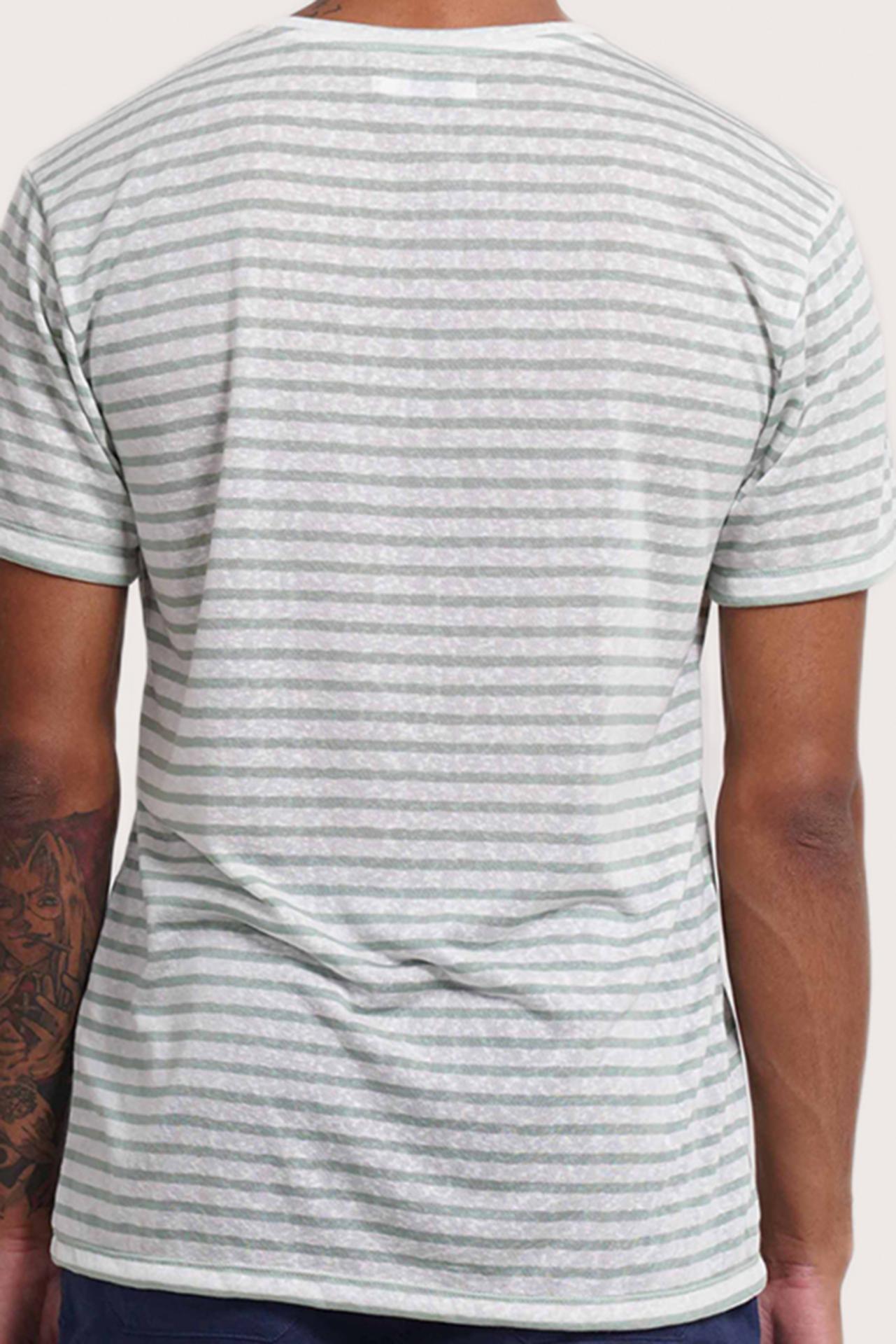 Back detail of the Geva T-shirt Stripe in Paste Green by By The Sea Bali – premium stitching and artisan quality