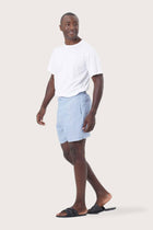 Side profile of the blue linen shorts showcasing their effortless fit