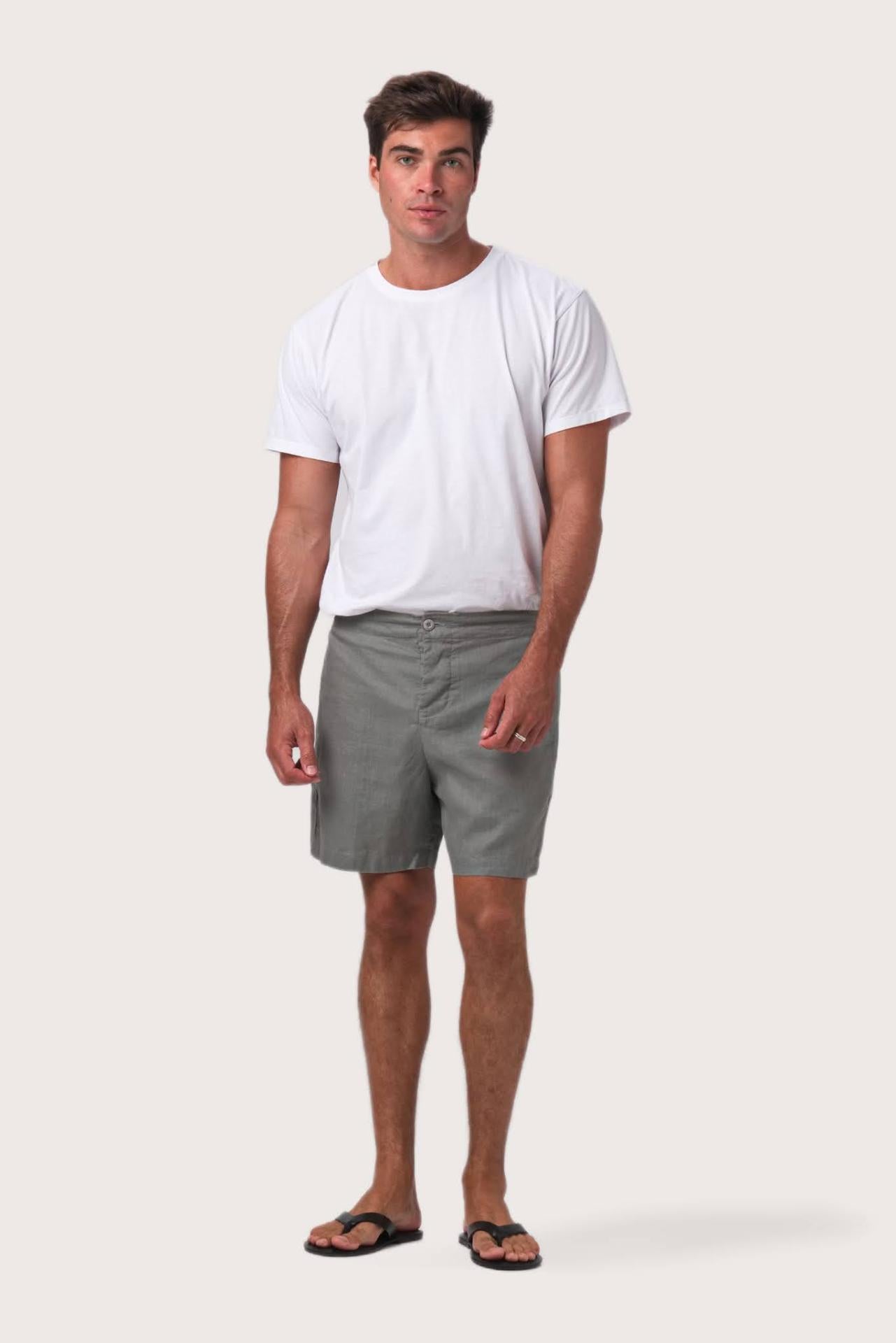Model wearing the grigio linen Gowa shorts by By The Sea Bali
