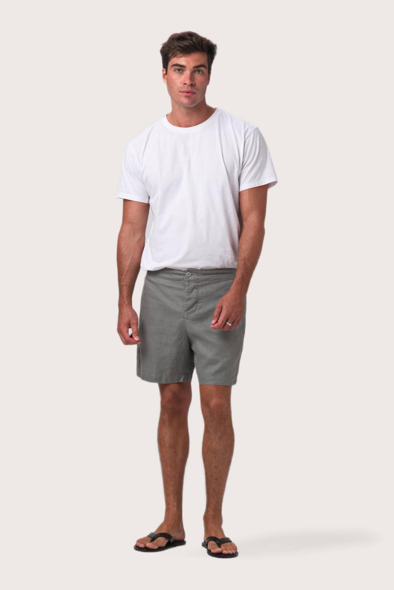 Model wearing the grigio linen Gowa shorts by By The Sea Bali