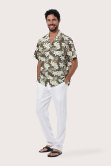 Front view of the Chalet Shirt in Monstrea Army print by By The Sea Bali, an easy resortwear staple