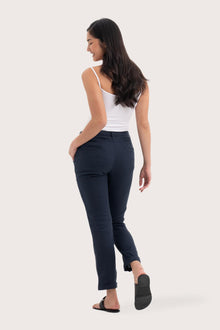 Back view of the Hampton Women's Linen Pants Navy highlighting the garment shape and drape.