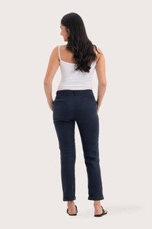 Back view of the Hampton Women's Linen Pants Navy highlighting the garment shape and drape.