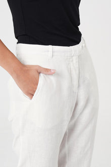Close up detail of the Hampton Women's Linen Pants Off White highlighting craftsmanship and design features.