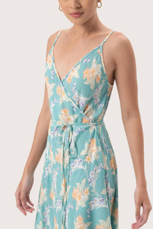 Close up detail of the Ilona Wrapped Dress Tosca Green highlighting craftsmanship and design features