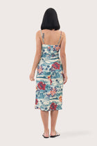 Back view of the Ipanema printed midi dress highlighting the garment shape and drape