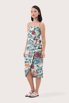 Side profile of the Ipanema printed midi dress showing its cut and natural movement