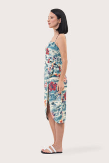 Side profile of the Ipanema printed midi dress showing its cut and natural movement
