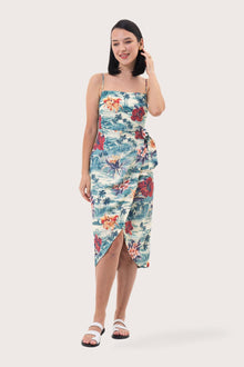 Woman wearing the Ipanema printed midi dress designed for effortless resortwear and tropical living by By The Sea Bali