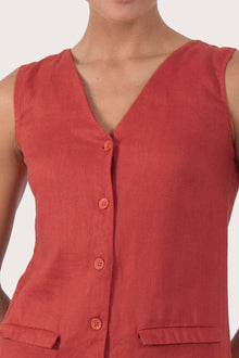 Close up detail of the Isla Linen Dress Red  highlighting craftsmanship and design features