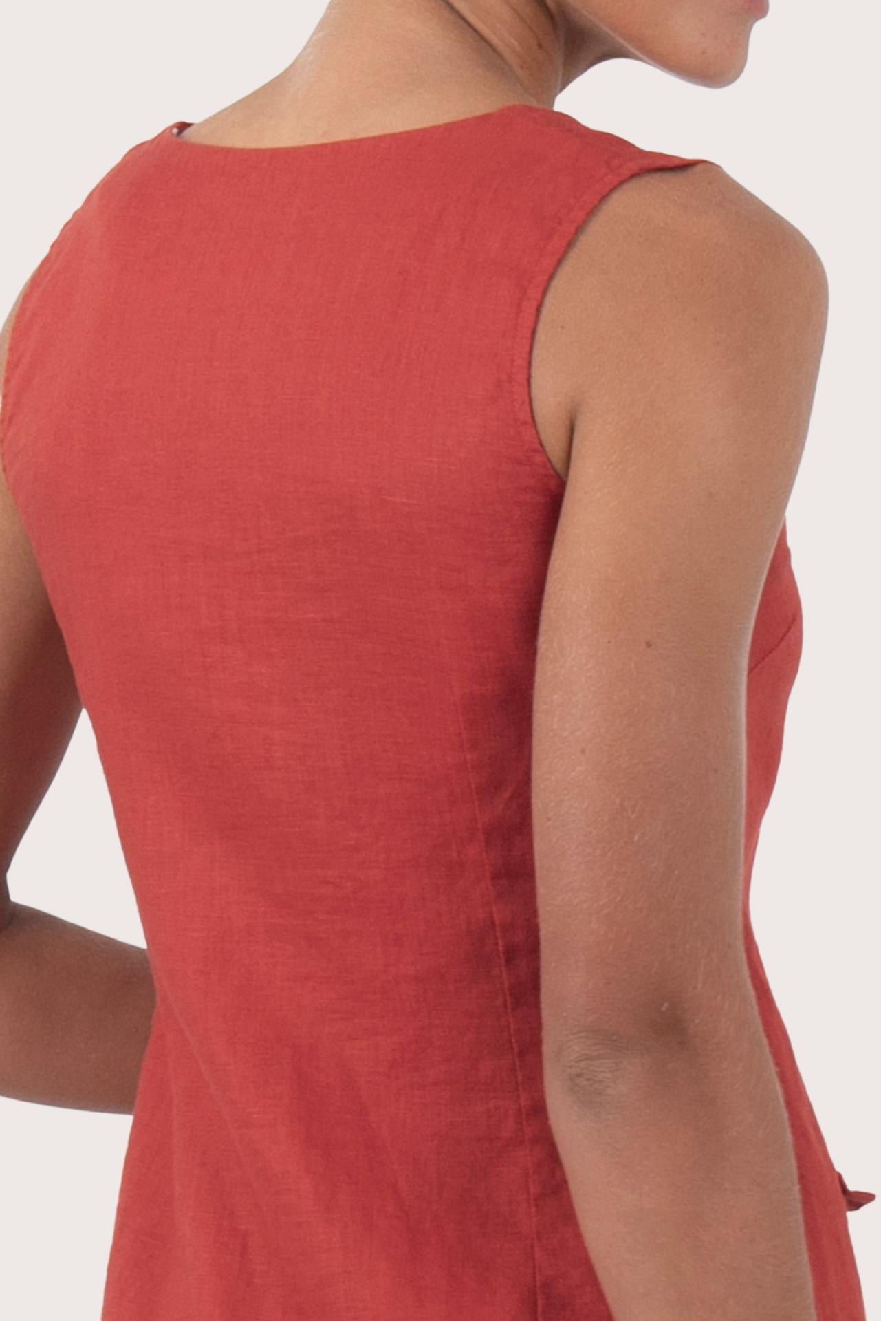Close up detail of the Isla Linen Dress Red  highlighting craftsmanship and design features
