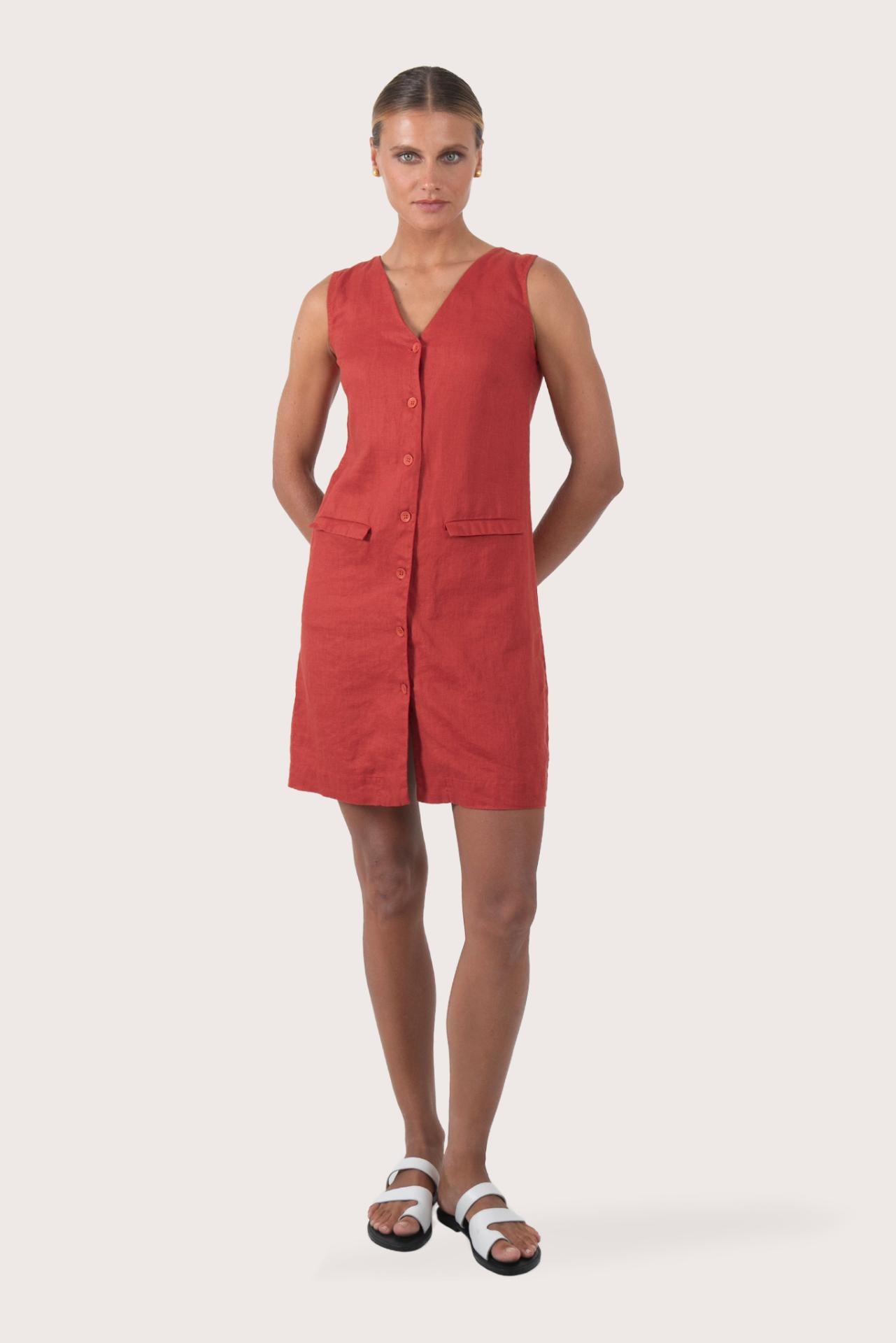 Front view of the Isla Linen Dress Red showcasing its silhouette and relaxed fit